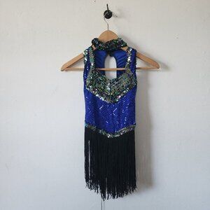 Art Stone Large Child Dance Uniform Blue Black Made in USA Blue Black Fringe